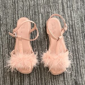 Zara Blush Feather T-Strap Sandals